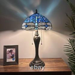 Tiffany Style Table Lamp Blue Stained Glass Dragonfly LED Bulbs 22H12W12D