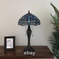 Tiffany Style Table Lamp Blue Stained Glass Dragonfly LED Bulbs 22H12W12D