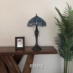 Tiffany Style Table Lamp Blue Stained Glass Dragonfly LED Bulbs 22H12W12D