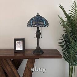 Tiffany Style Table Lamp Blue Stained Glass Dragonfly LED Bulbs 22H12W12D