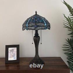 Tiffany Style Table Lamp Blue Stained Glass Dragonfly LED Bulbs 22H12W12D