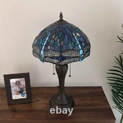 Tiffany Style Table Lamp Blue Stained Glass Dragonfly LED Bulbs 22H12W12D