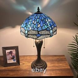 Tiffany Style Table Lamp Blue Stained Glass Dragonfly LED Bulbs 22H12W12D