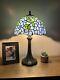 Tiffany Style Table Lamp Blue Stained Glass Green Leave Led Bulb Include H19w12