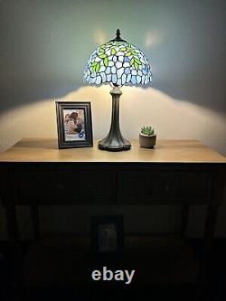 Tiffany Style Table Lamp Blue Stained Glass Green Leave LED Bulb Include H19W12