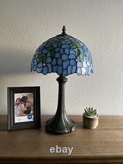 Tiffany Style Table Lamp Blue Stained Glass Green Leave LED Bulb Include H19W12