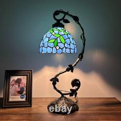 Tiffany Style Table Lamp Blue Stained Glass Green Leave LED Bulb Included 21'H
