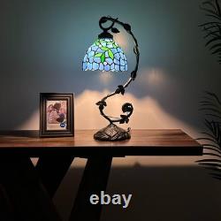 Tiffany Style Table Lamp Blue Stained Glass Green Leave LED Bulb Included 21'H