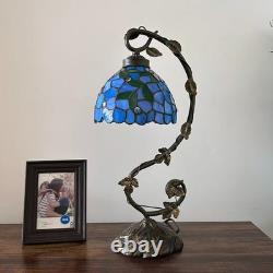 Tiffany Style Table Lamp Blue Stained Glass Green Leave LED Bulb Included 21'H