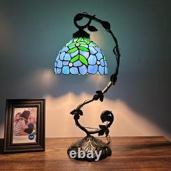 Tiffany Style Table Lamp Blue Stained Glass Green Leave LED Bulb Included 21'H