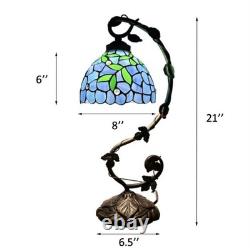 Tiffany Style Table Lamp Blue Stained Glass Green Leave LED Bulb Included 21'H