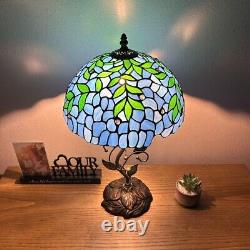 Tiffany Style Table Lamp Blue Stained Glass Green Leaves LED Bulb Included H22
