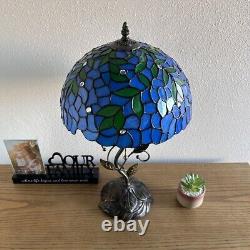 Tiffany Style Table Lamp Blue Stained Glass Green Leaves LED Bulb Included H22