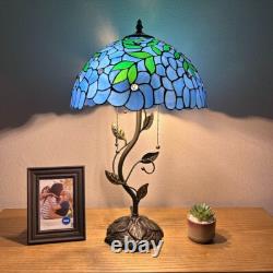 Tiffany Style Table Lamp Blue Stained Glass Green Leaves LED Bulbs H24W14