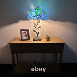 Tiffany Style Table Lamp Blue Stained Glass Green Leaves LED Bulbs H24W14