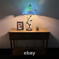 Tiffany Style Table Lamp Blue Stained Glass Green Leaves LED Bulbs H24W14
