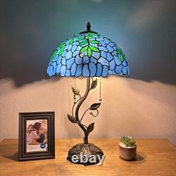 Tiffany Style Table Lamp Blue Stained Glass Green Leaves LED Bulbs H24W14