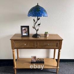 Tiffany Style Table Lamp Blue Stained Glass Green Leaves LED Bulbs H24W14