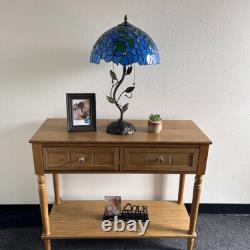 Tiffany Style Table Lamp Blue Stained Glass Green Leaves LED Bulbs H24W14