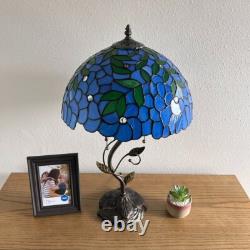 Tiffany Style Table Lamp Blue Stained Glass Green Leaves LED Bulbs H24W14