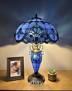 Tiffany Style Table Lamp Blue Stained Glass LED Bulb Include Baroque Style 24H