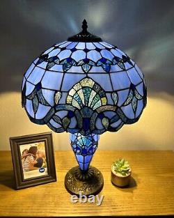 Tiffany Style Table Lamp Blue Stained Glass LED Bulb Include Baroque Style 24H