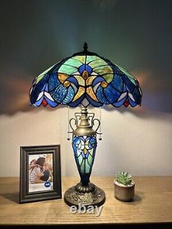 Tiffany Style Table Lamp Blue Stained Glass Liaison Mother-Daughter Vase H24