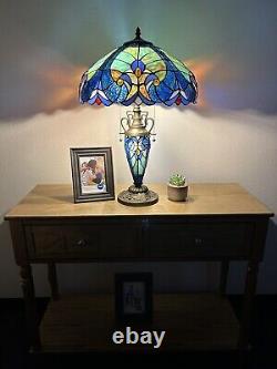 Tiffany Style Table Lamp Blue Stained Glass Liaison Mother-Daughter Vase H24