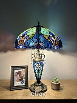 Tiffany Style Table Lamp Blue Stained Glass Liaison Mother-Daughter Vase H24