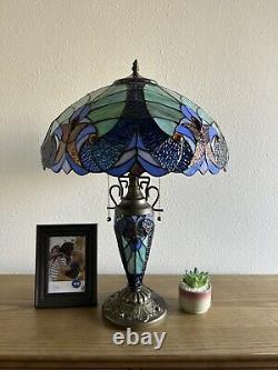 Tiffany Style Table Lamp Blue Stained Glass Liaison Mother-Daughter Vase H24