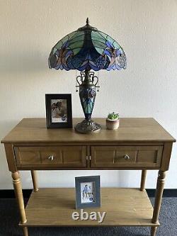 Tiffany Style Table Lamp Blue Stained Glass Liaison Mother-Daughter Vase H24