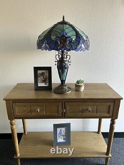 Tiffany Style Table Lamp Blue Stained Glass Liaison Mother-Daughter Vase H24