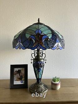 Tiffany Style Table Lamp Blue Stained Glass Liaison Mother-Daughter Vase H24