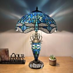 Tiffany Style Table Lamp Blue Stained Glass Mother-Daughter LED Bulb 24H16W