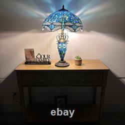 Tiffany Style Table Lamp Blue Stained Glass Mother-Daughter LED Bulb 24H16W