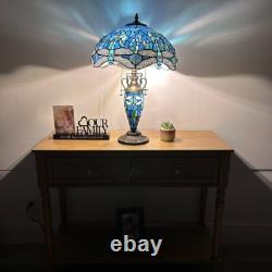 Tiffany Style Table Lamp Blue Stained Glass Mother-Daughter LED Bulb 24H16W