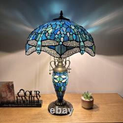 Tiffany Style Table Lamp Blue Stained Glass Mother-Daughter LED Bulb 24H16W