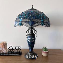 Tiffany Style Table Lamp Blue Stained Glass Mother-Daughter LED Bulb 24H16W
