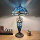 Tiffany Style Table Lamp Blue Stained Glass Mother-daughter Vase Led Bulbs 22h