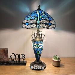 Tiffany Style Table Lamp Blue Stained Glass Mother-Daughter Vase LED Bulbs 22H
