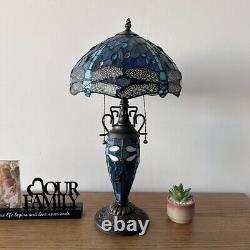 Tiffany Style Table Lamp Blue Stained Glass Mother-Daughter Vase LED Bulbs 22H