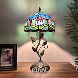 Tiffany Style Table Lamp Blue Stained Glass Purple Tulips LED Bulb Include 20H