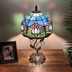 Tiffany Style Table Lamp Blue Stained Glass Purple Tulips LED Bulb Include 20H