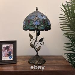 Tiffany Style Table Lamp Blue Stained Glass Purple Tulips LED Bulb Include 20H