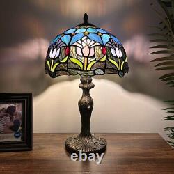 Tiffany Style Table Lamp Blue Stained Glass Tulips LED Bulb Include 12W19H