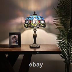 Tiffany Style Table Lamp Blue Stained Glass Tulips LED Bulb Include 12W19H