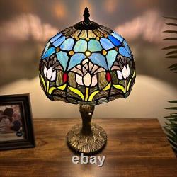 Tiffany Style Table Lamp Blue Stained Glass Tulips LED Bulb Include 12W19H