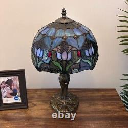 Tiffany Style Table Lamp Blue Stained Glass Tulips LED Bulb Include 12W19H