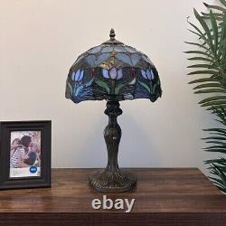 Tiffany Style Table Lamp Blue Stained Glass Tulips LED Bulb Include 12W19H