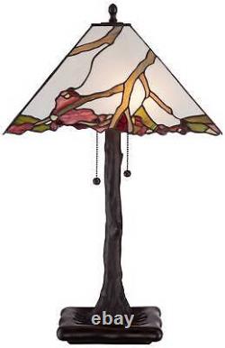 Tiffany Style Table Lamp Bronze Cherry Blossom Stained Glass for Living Room